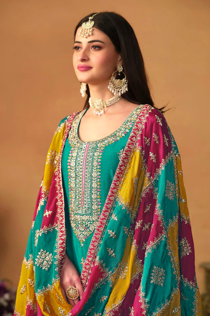 Teal Colour Straight Suit Chinon Silk Semi Stitched VSSM1050493