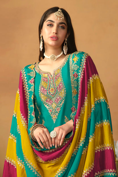 Teal Colour Straight Suit Chinon Silk Semi Stitched VSSM1050496