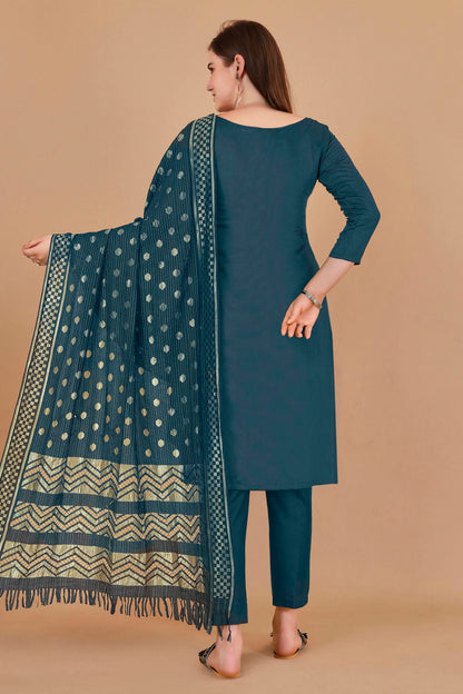 Teal Colour Unstitched Cotton Jacquard Straight Suit VSUS1160883
