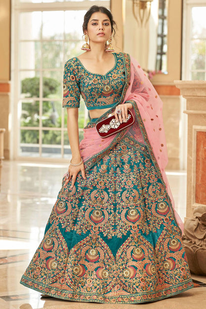 Teal Colour Velvet Lehenga Choli VSLC1010274
