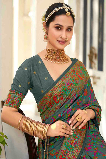 Teal Colour Velvet Tussar Silk Floral Printed Traditional Sarees VSSD1113750