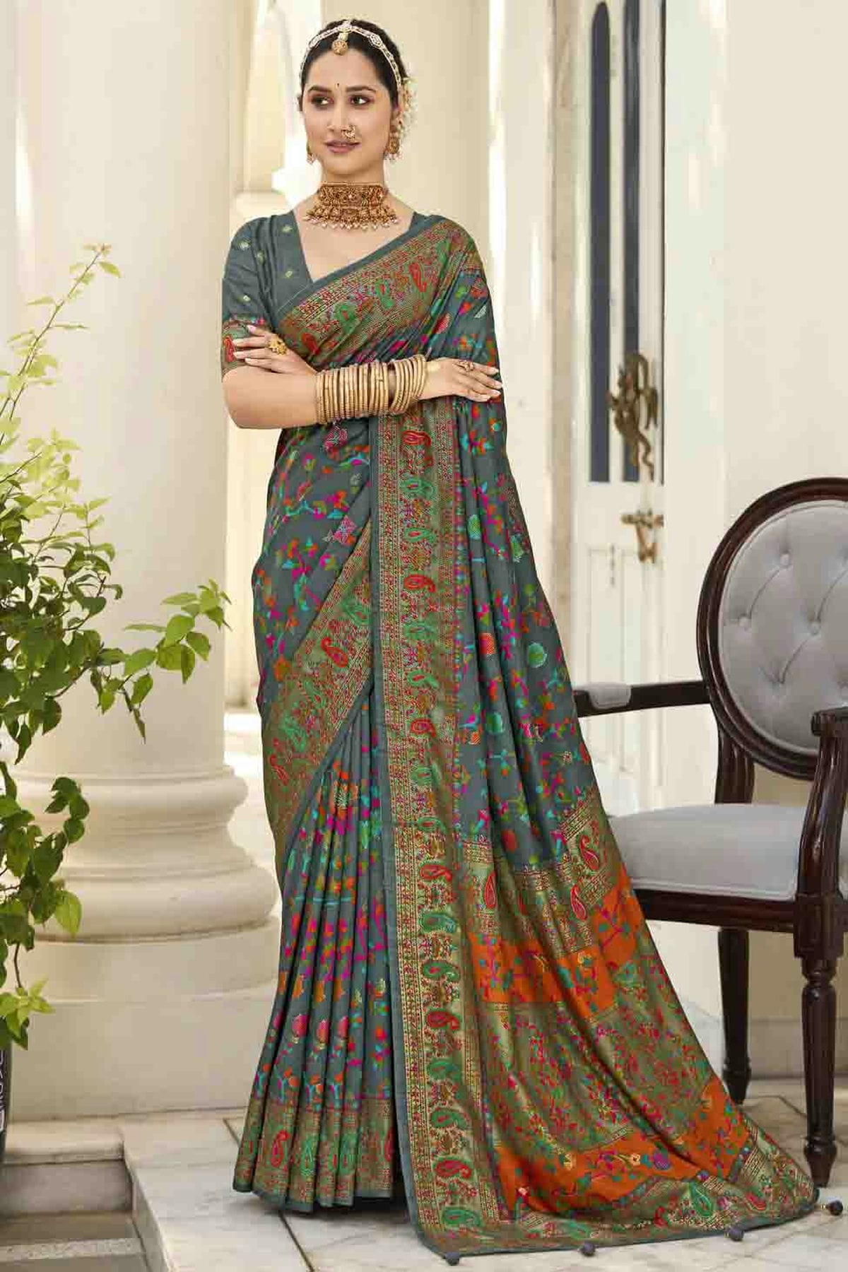 Teal Colour Velvet Tussar Silk Floral Printed Traditional Sarees VSSD1113750