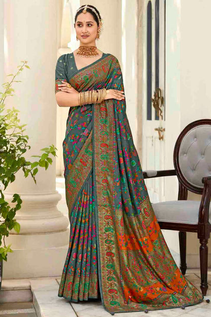 Teal Colour Velvet Tussar Silk Floral Printed Traditional Sarees VSSD1113750
