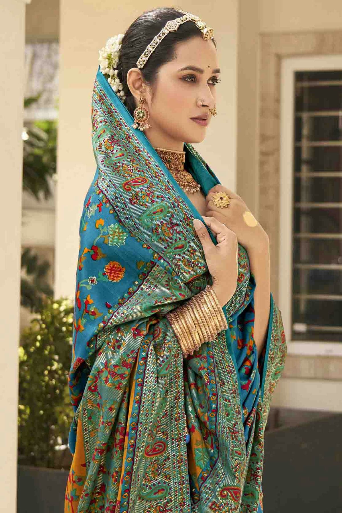 Teal Colour Velvet Tussar Silk Floral Printed Traditional Sarees VSSD1113756