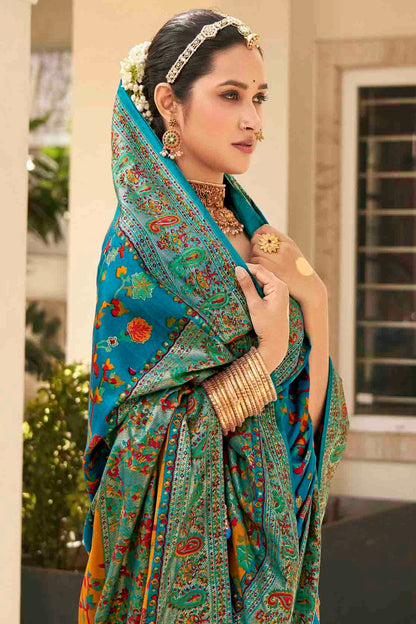 Teal Colour Velvet Tussar Silk Floral Printed Traditional Sarees VSSD1113756