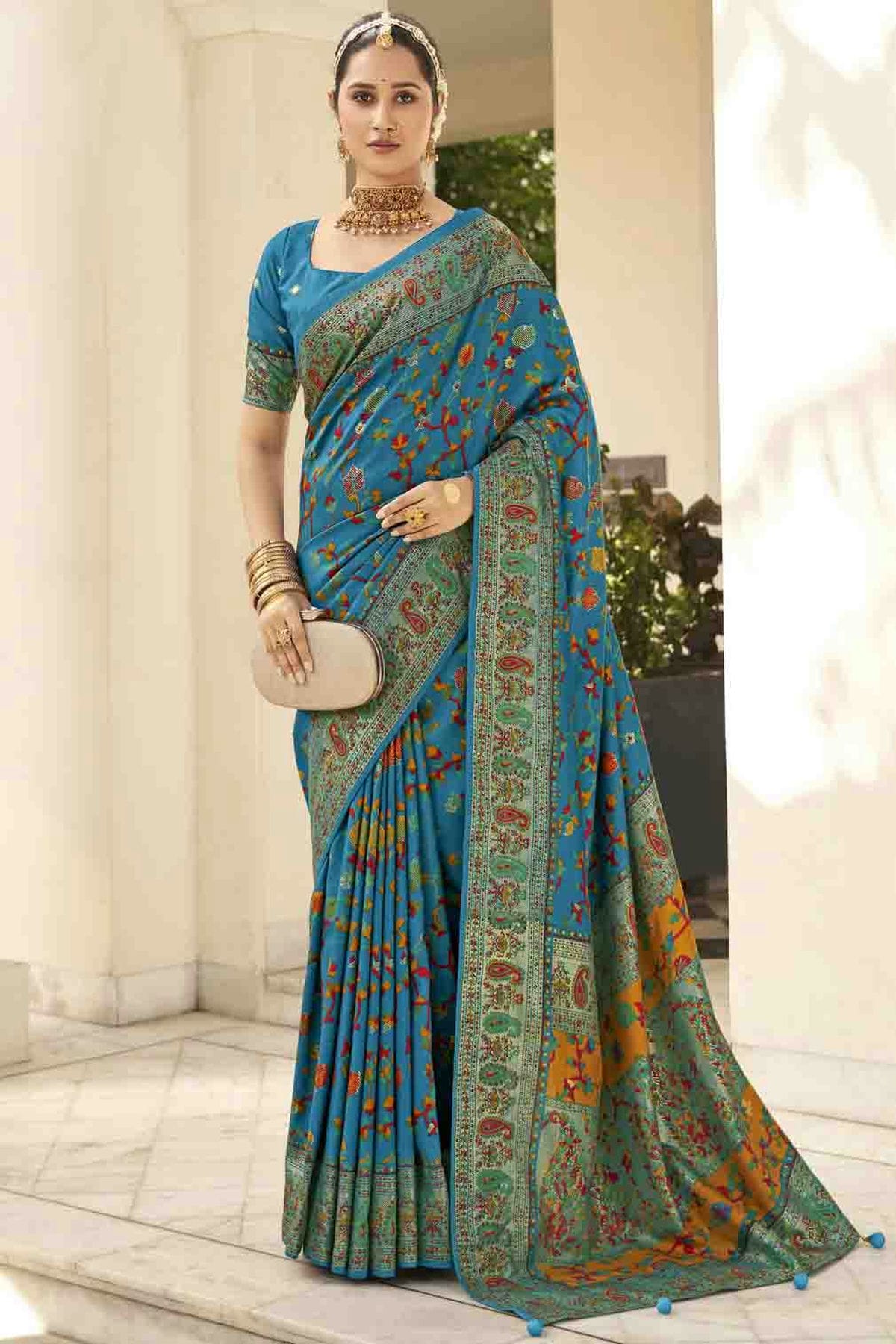 Teal Colour Velvet Tussar Silk Floral Printed Traditional Sarees VSSD1113756