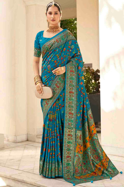 Teal Colour Velvet Tussar Silk Floral Printed Traditional Sarees VSSD1113756