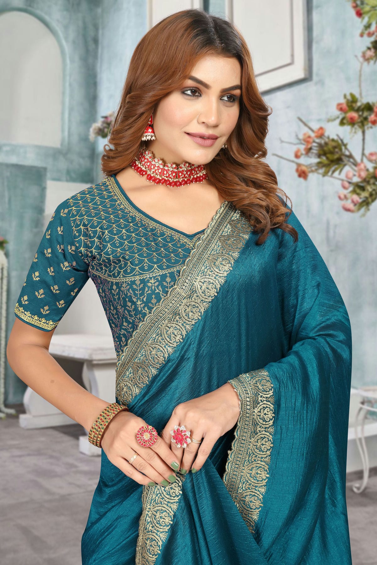 Teal Colour Vichitra Bloming Designer Saree