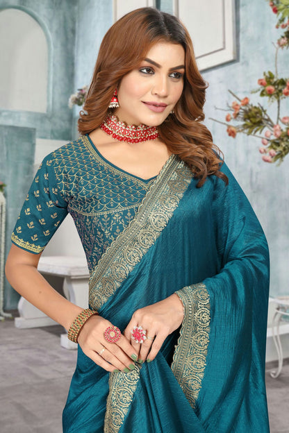 Teal Colour Vichitra Bloming Designer Saree