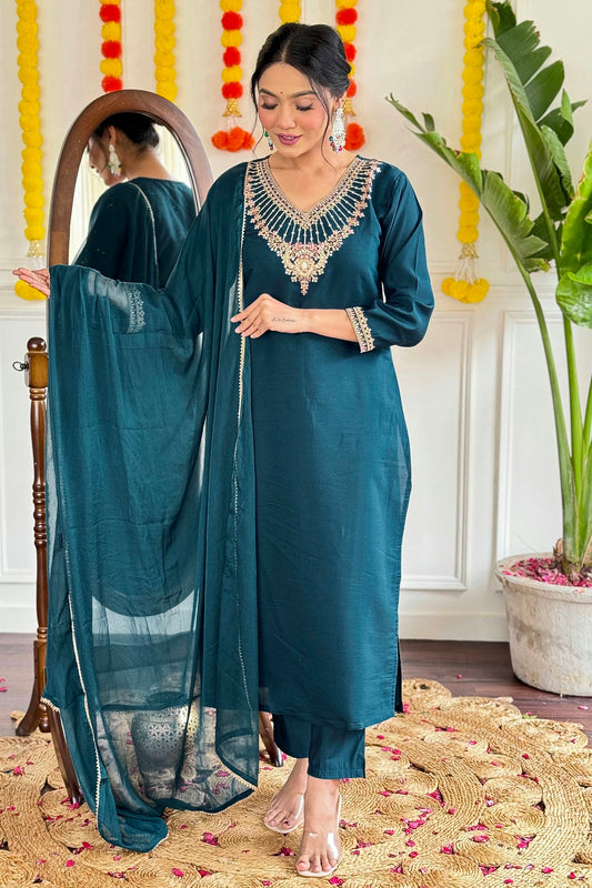 Teal Colour Viscose Chanderi Stitched Salwar Suit