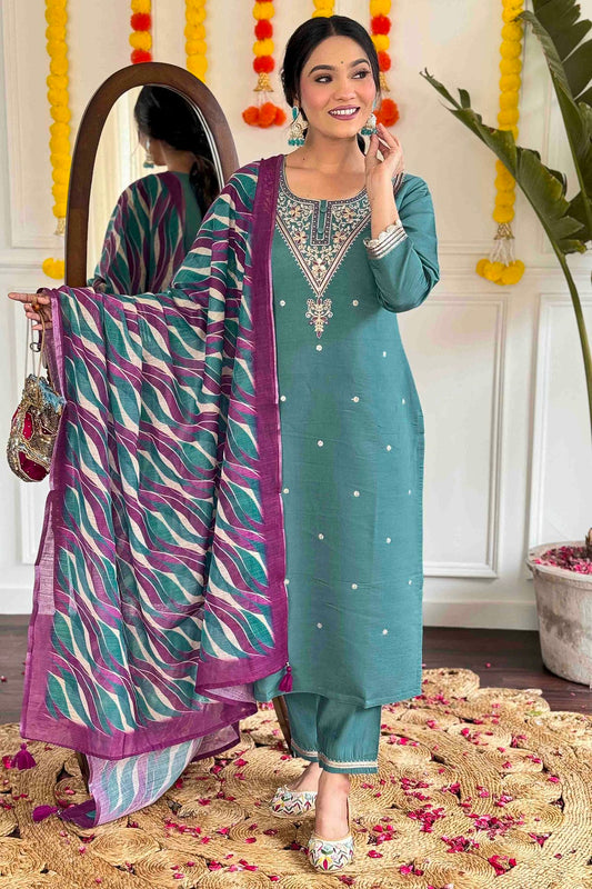 Teal Colour Viscose Chanderi Stitched Suit VSSS1113295