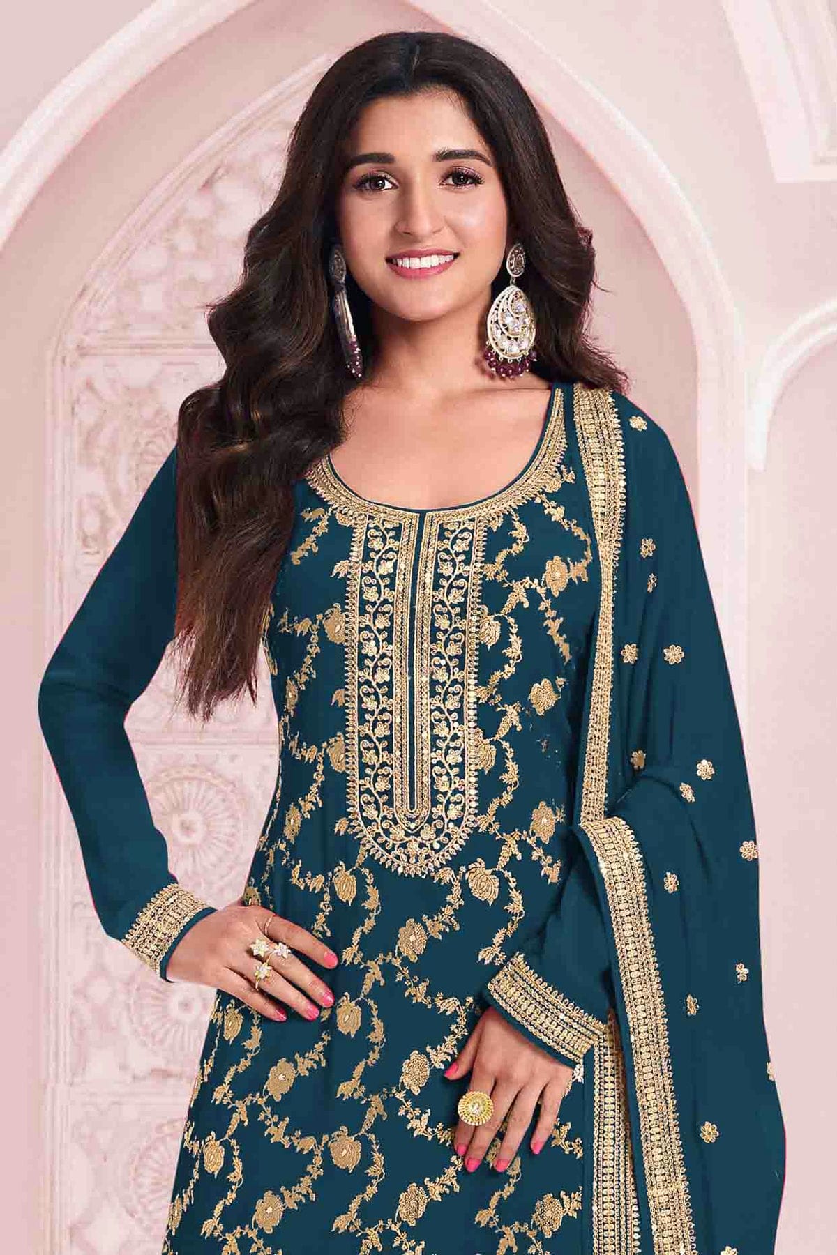 Teal Colour Viscose Jacquard Pant Style Suit VSSM1140913