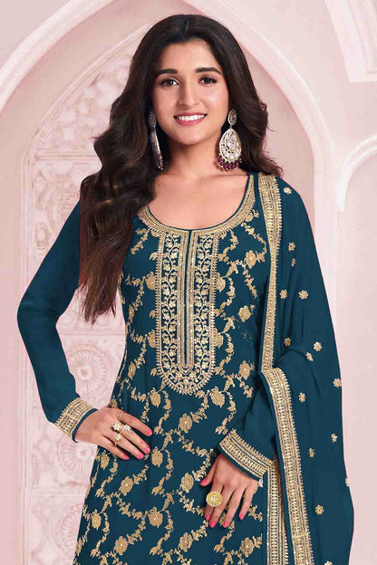 Teal Colour Viscose Jacquard Pant Style Suit VSSM1140913