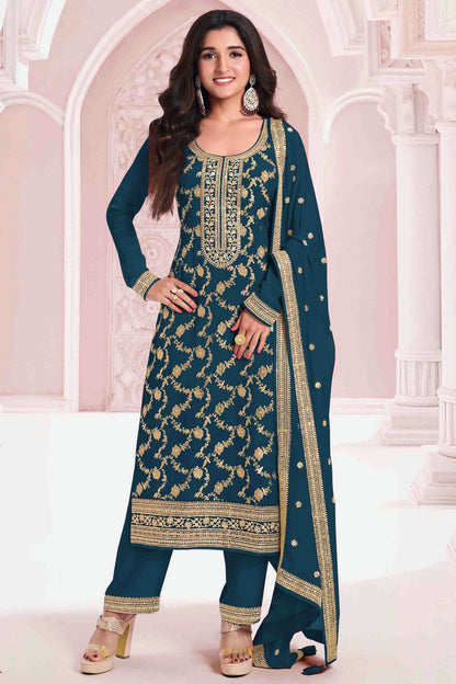 Teal Colour Viscose Jacquard Pant Style Suit VSSM1140913