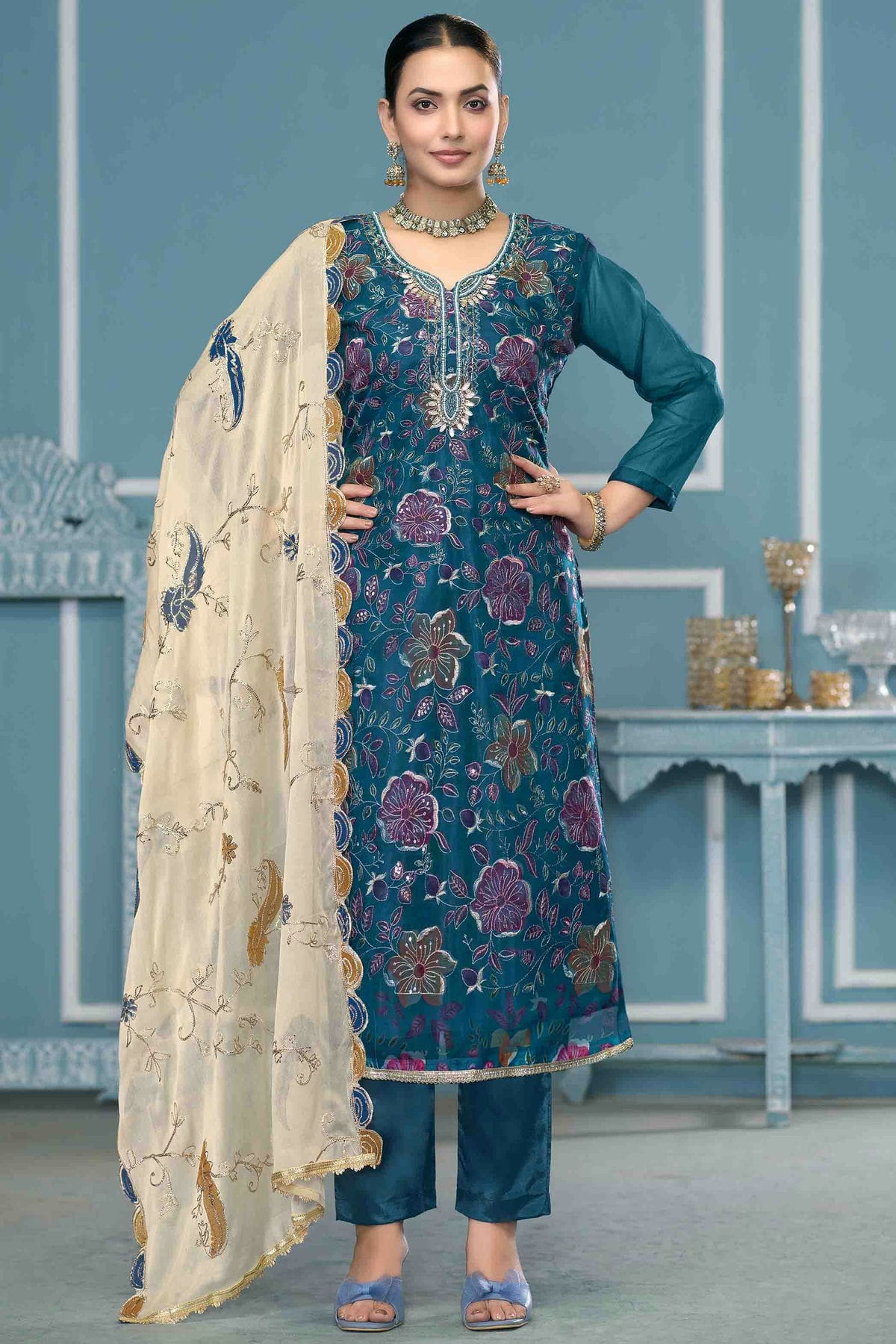 Teal Colour Viscose Organza Pant Style Suit VSSM1113266