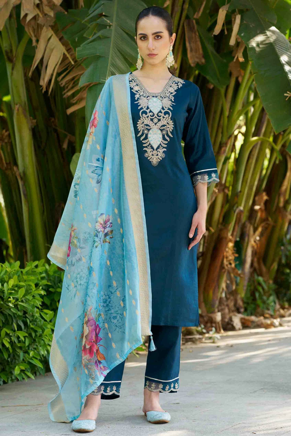 Teal Colour Viscose Rayon Embroidery Pant Style Suit VSSS1113628