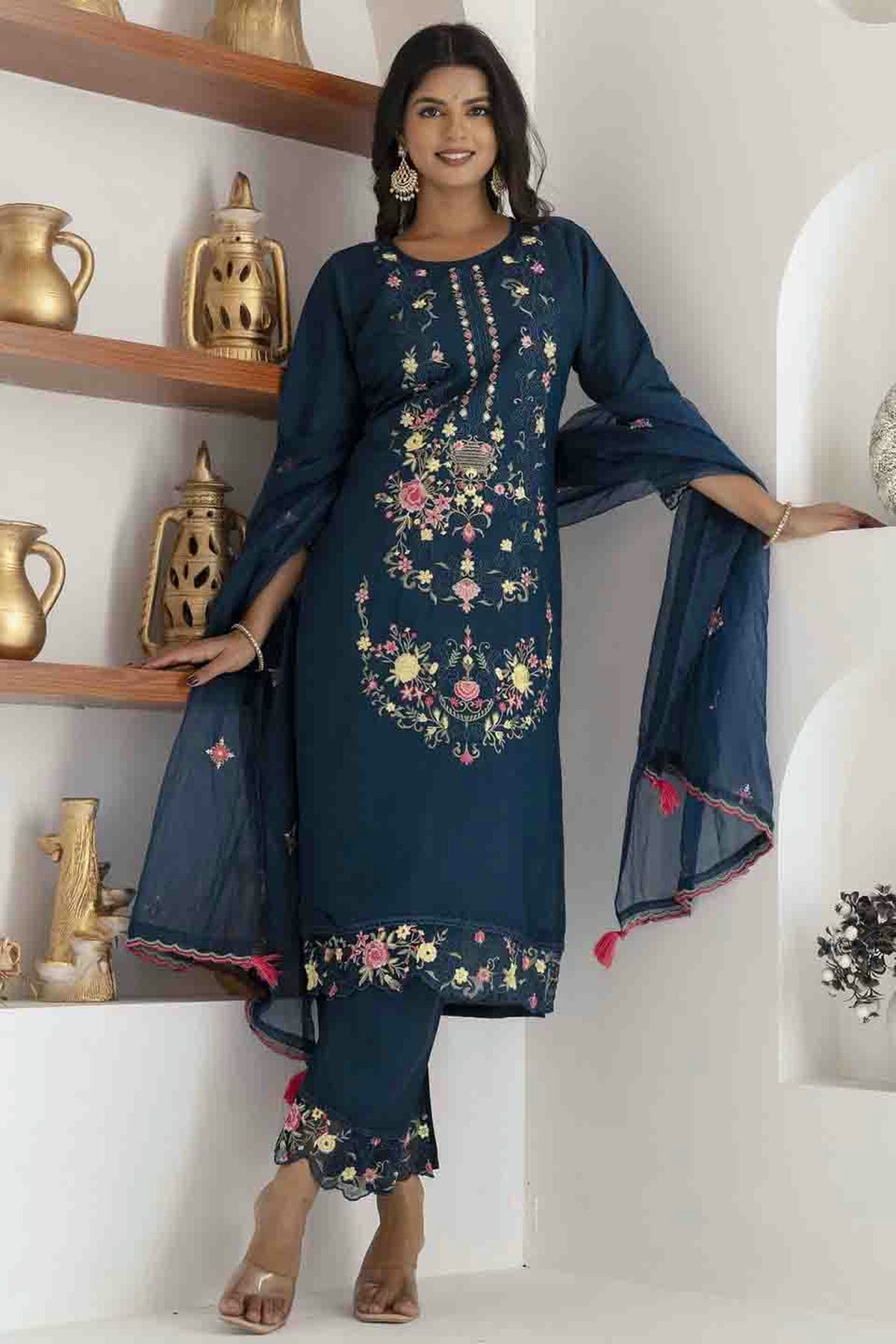 Teal Colour Viscose Silk Embroidery Pant Style Suit VSSS1113619