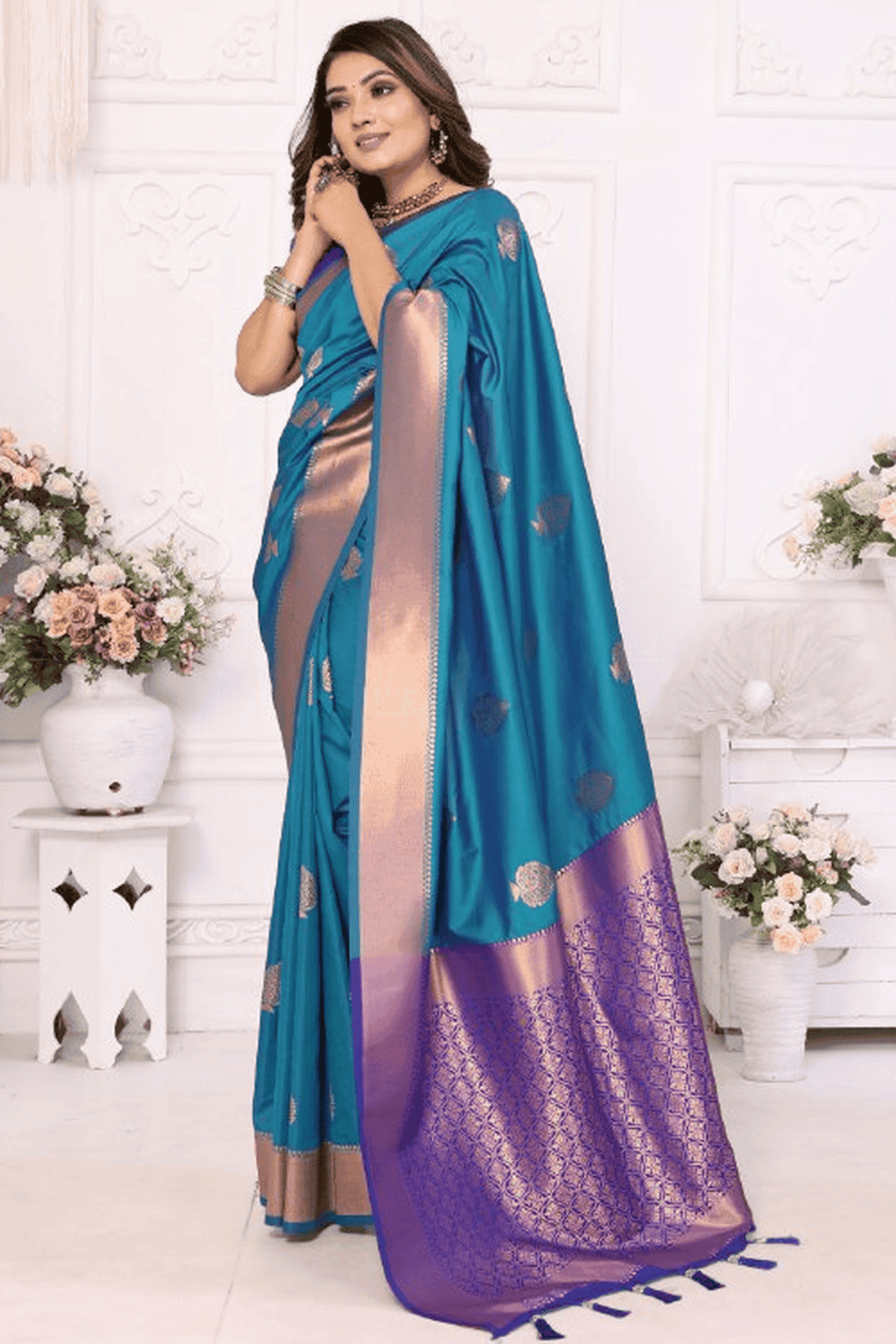 Teal Colour Woven Work Lichi Soft Silk Traditional Saree