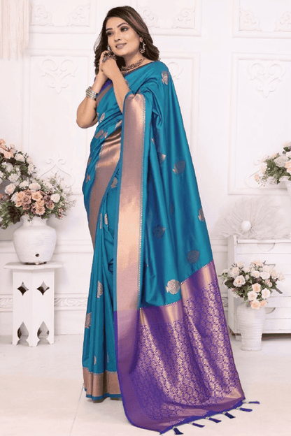 Teal Colour Woven Work Lichi Soft Silk Traditional Saree