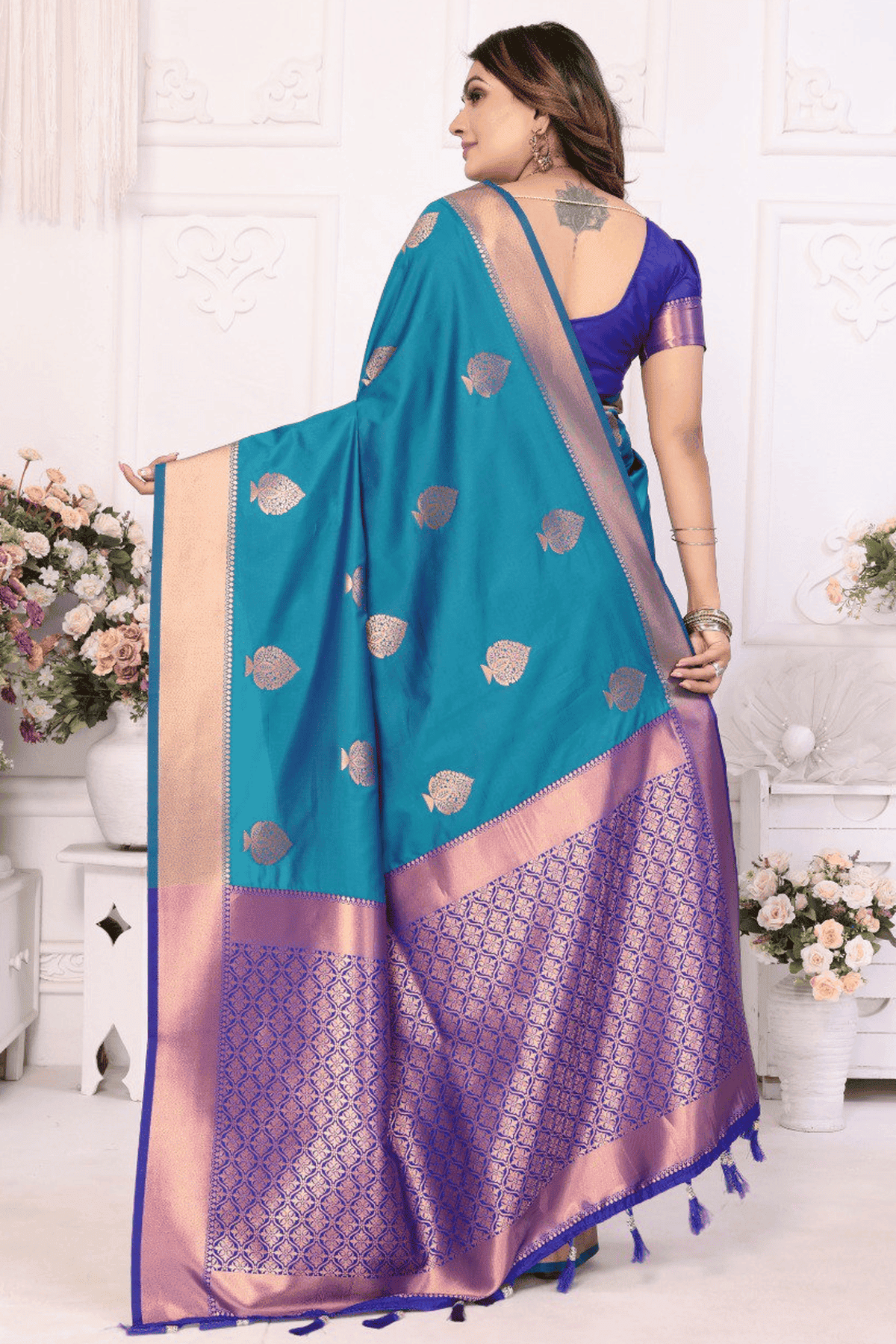Teal Colour Woven Work Lichi Soft Silk Traditional Saree