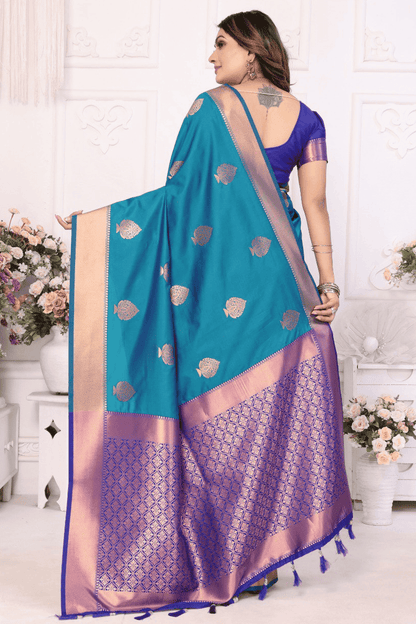 Teal Colour Woven Work Lichi Soft Silk Traditional Saree