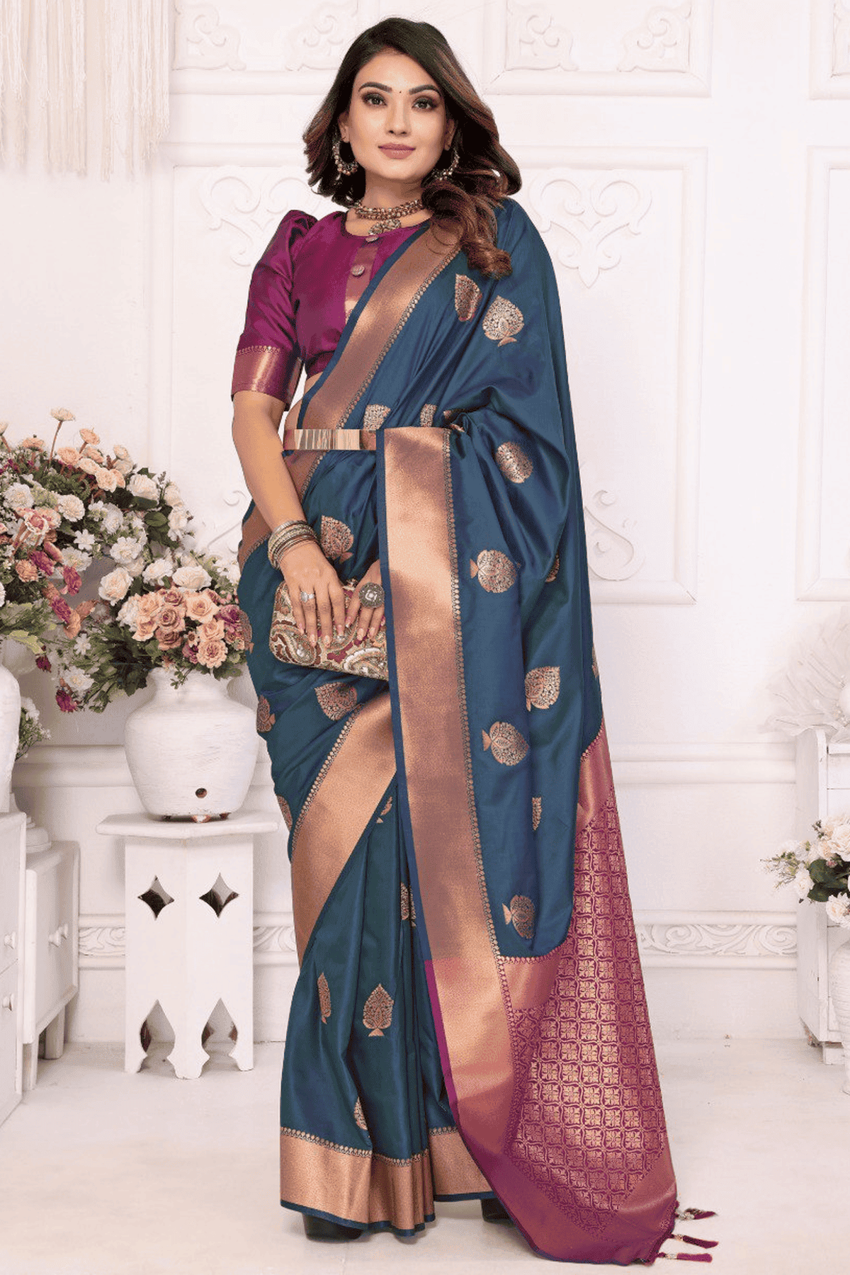 Teal Colour Woven Work Lichi Soft Silk Traditional Saree