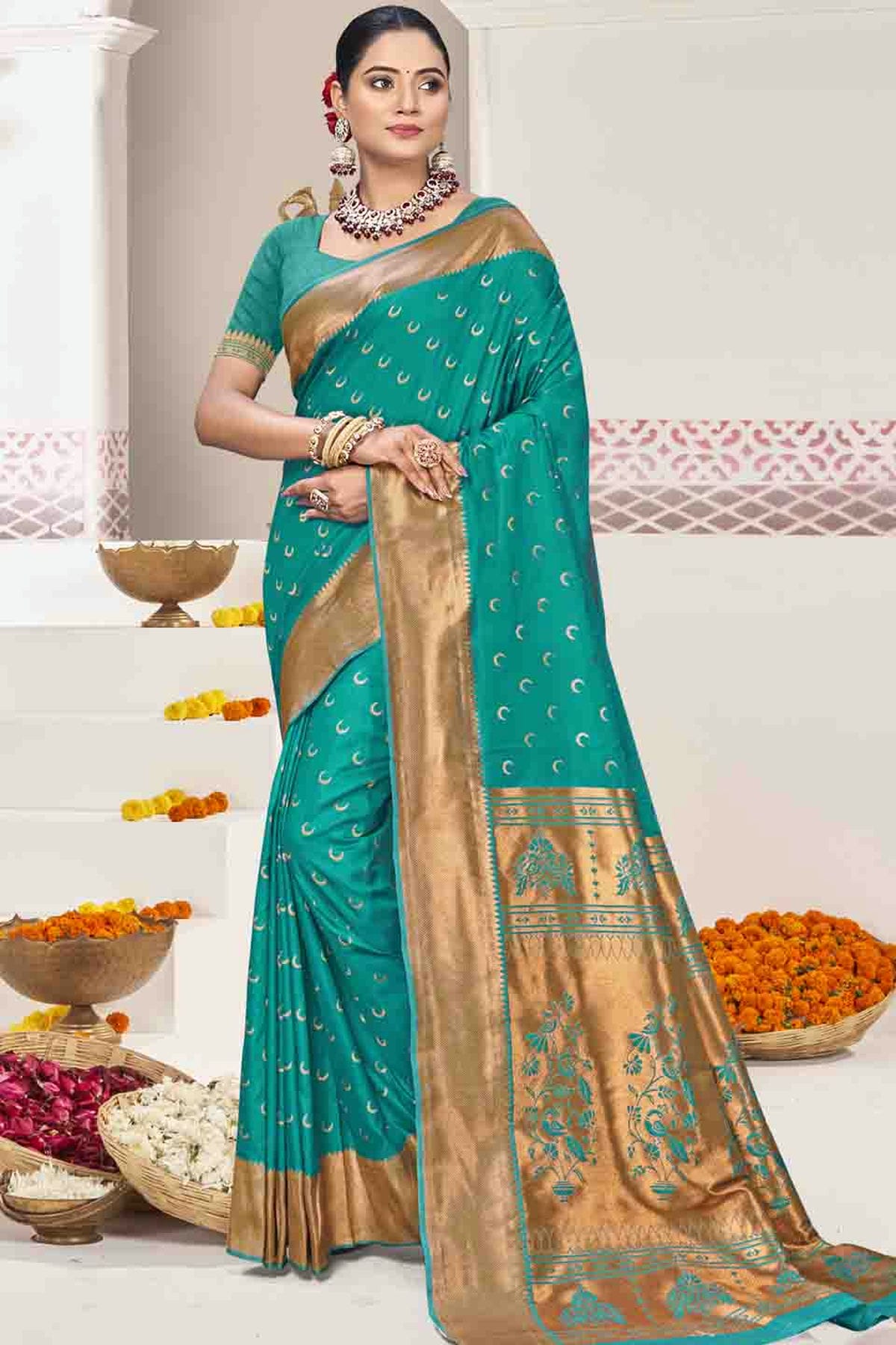 Teal Colour Woven Work Silk Traditional Saree VSSD1103526