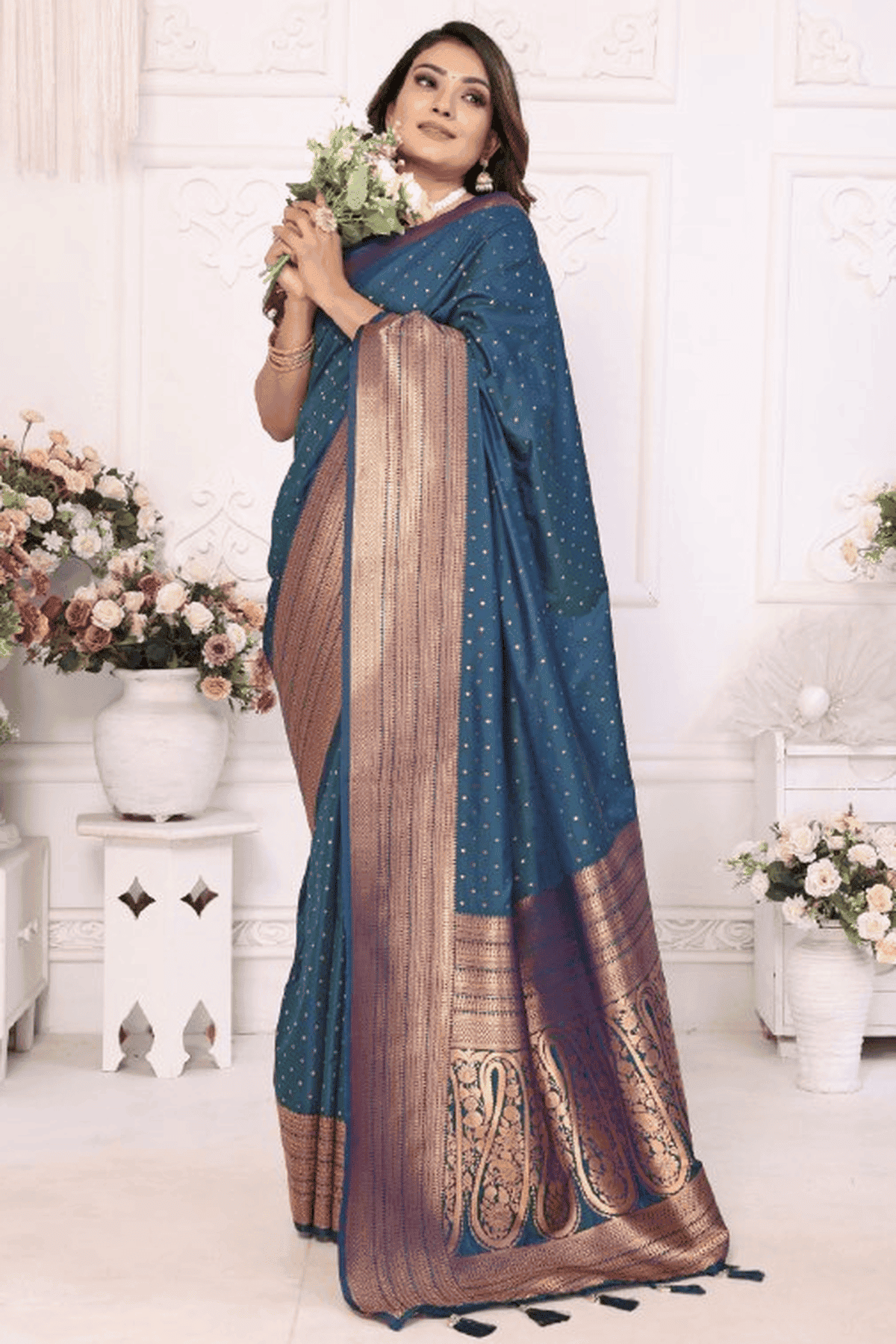 Teal Colour Woven Work Soft Silk Traditional Saree