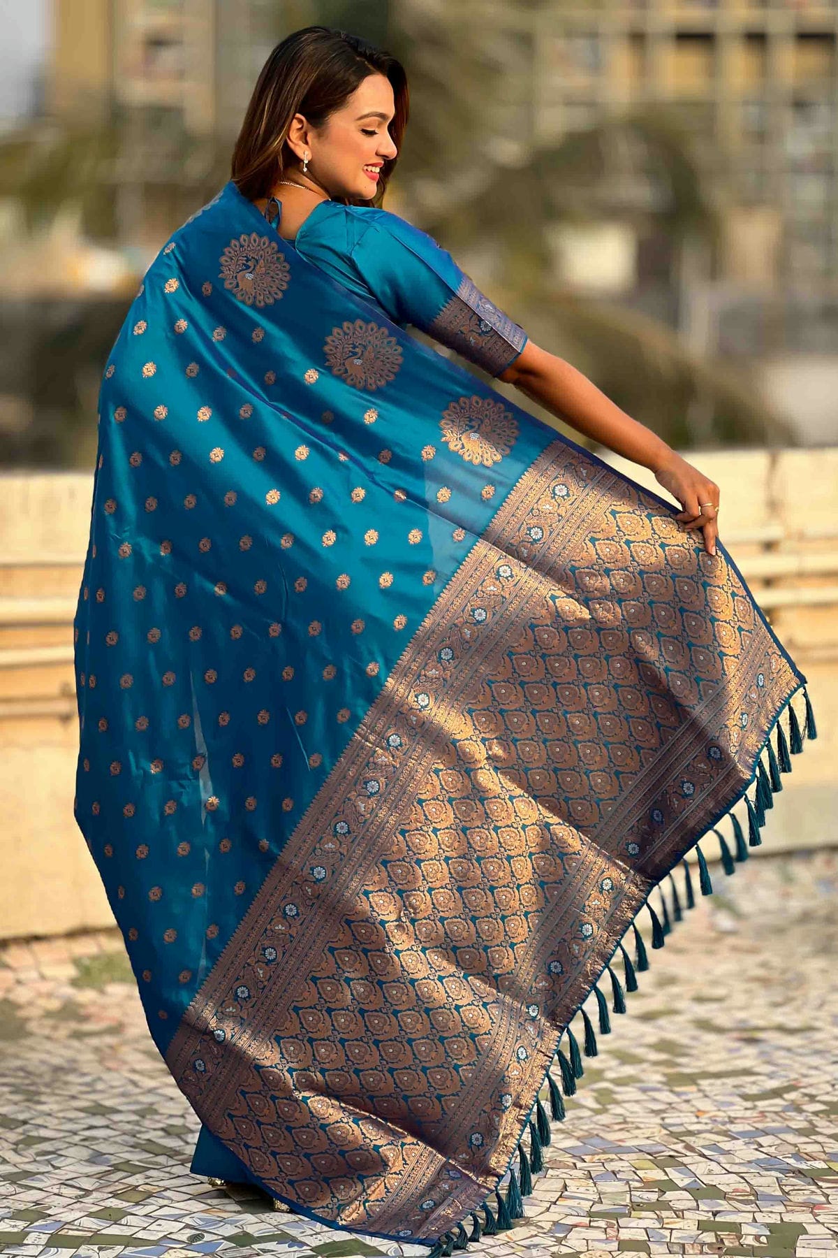 Teal Colour Zari Work Moonga Silk Traditional Sarees VSSD1113347