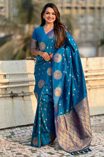 Teal Colour Zari Work Moonga Silk Traditional Sarees VSSD1113347