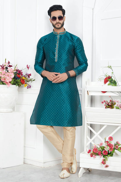 Teal Green Colour Jacquard Silk Brocade Kurta Pajama VSKP1230216