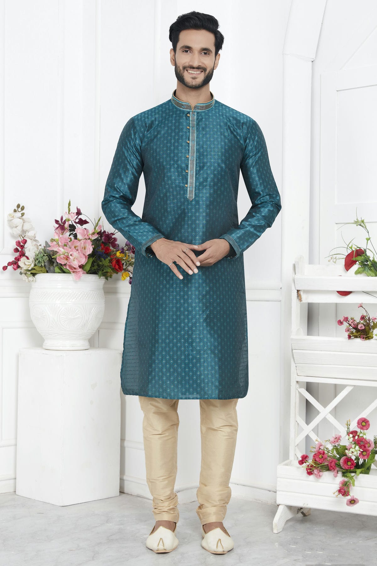 Teal Green Colour Jacquard Silk Brocade Kurta Pajama