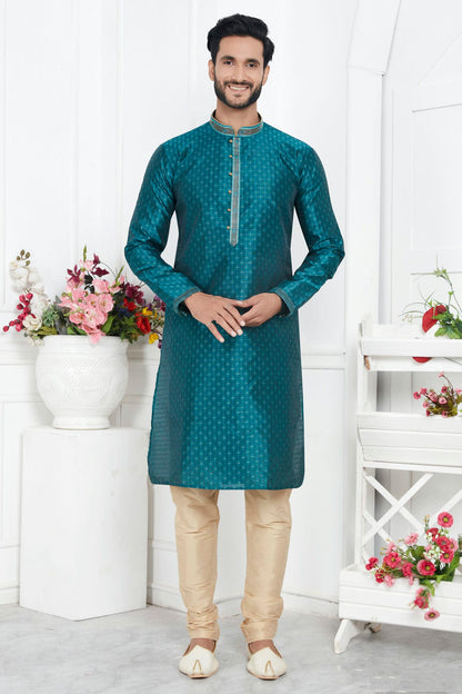 Teal Green Colour Jacquard Silk Brocade Kurta Pajama