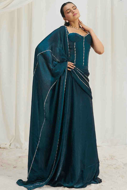 Teal Organza Hand Work Ready To Wear Saree VSSD1080978