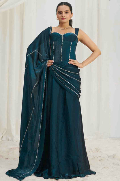 Teal Organza Hand Work Ready To Wear Saree VSSD1080978