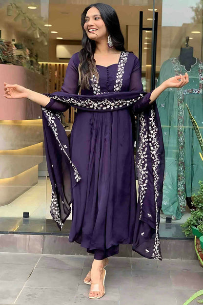 Voilet Colour Silk Embroidery Pant Style Suit VSSS1113645