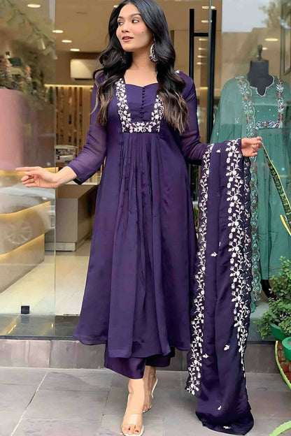 Voilet Colour Silk Embroidery Pant Style Suit VSSS1113645
