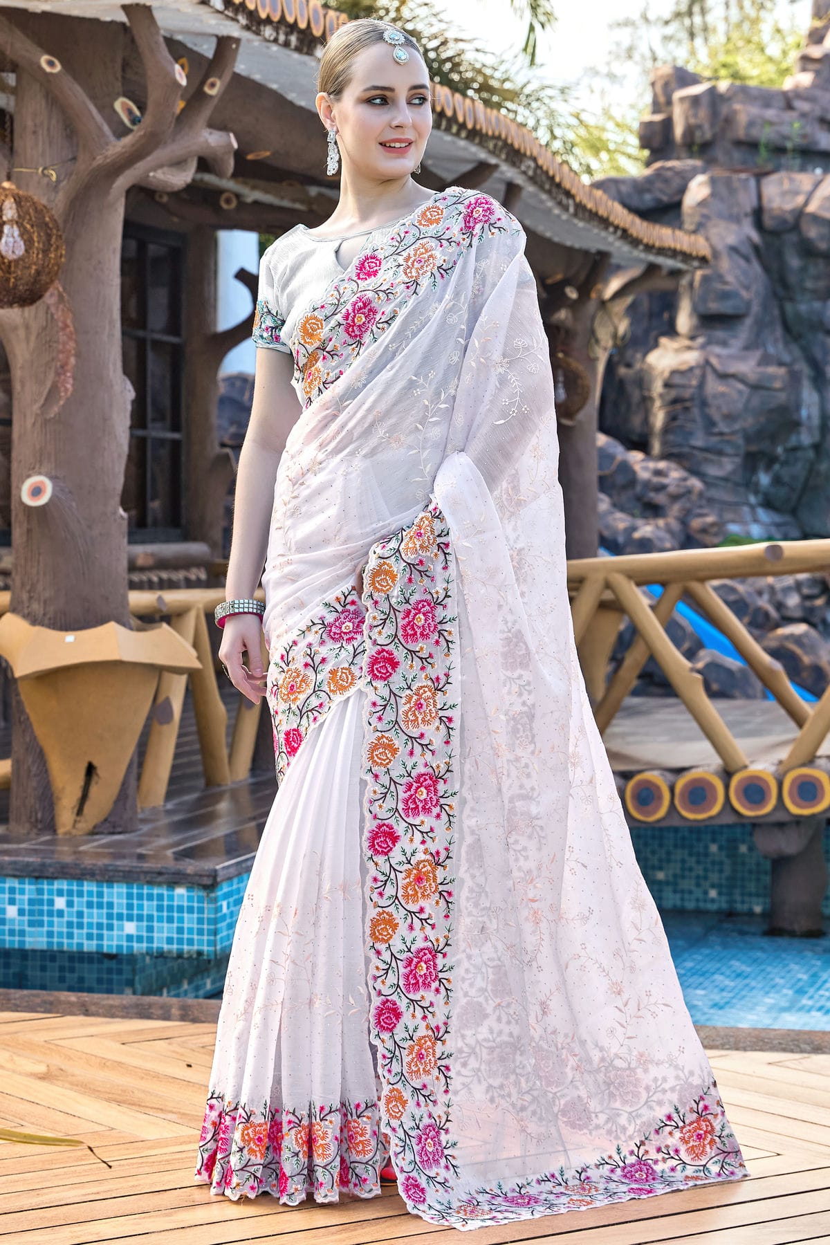 White Colour Burberry Silk Designer Saree