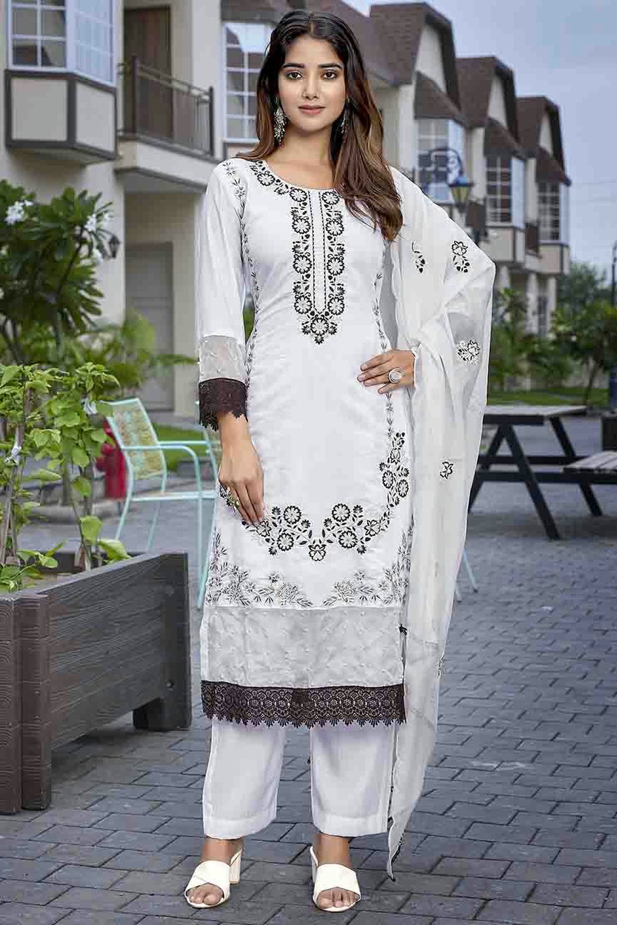 White Colour Chanderi Embroidery Pant Style Suit VSSS1113632