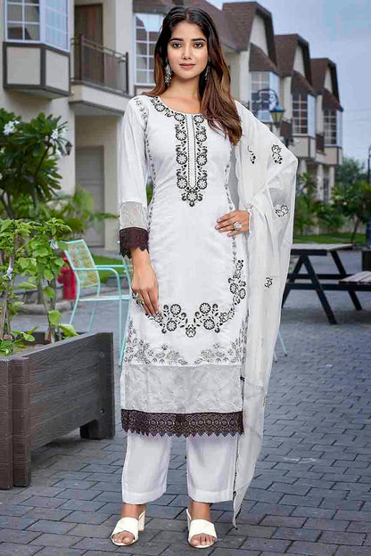 White Colour Chanderi Embroidery Pant Style Suit VSSS1113632