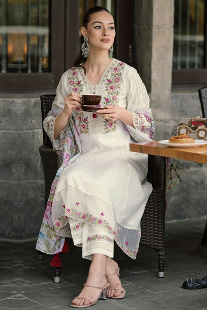 White Colour Chanderi Stitched Salwar Suit