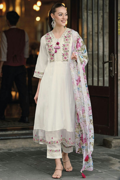 White Colour Chanderi Stitched Salwar Suit