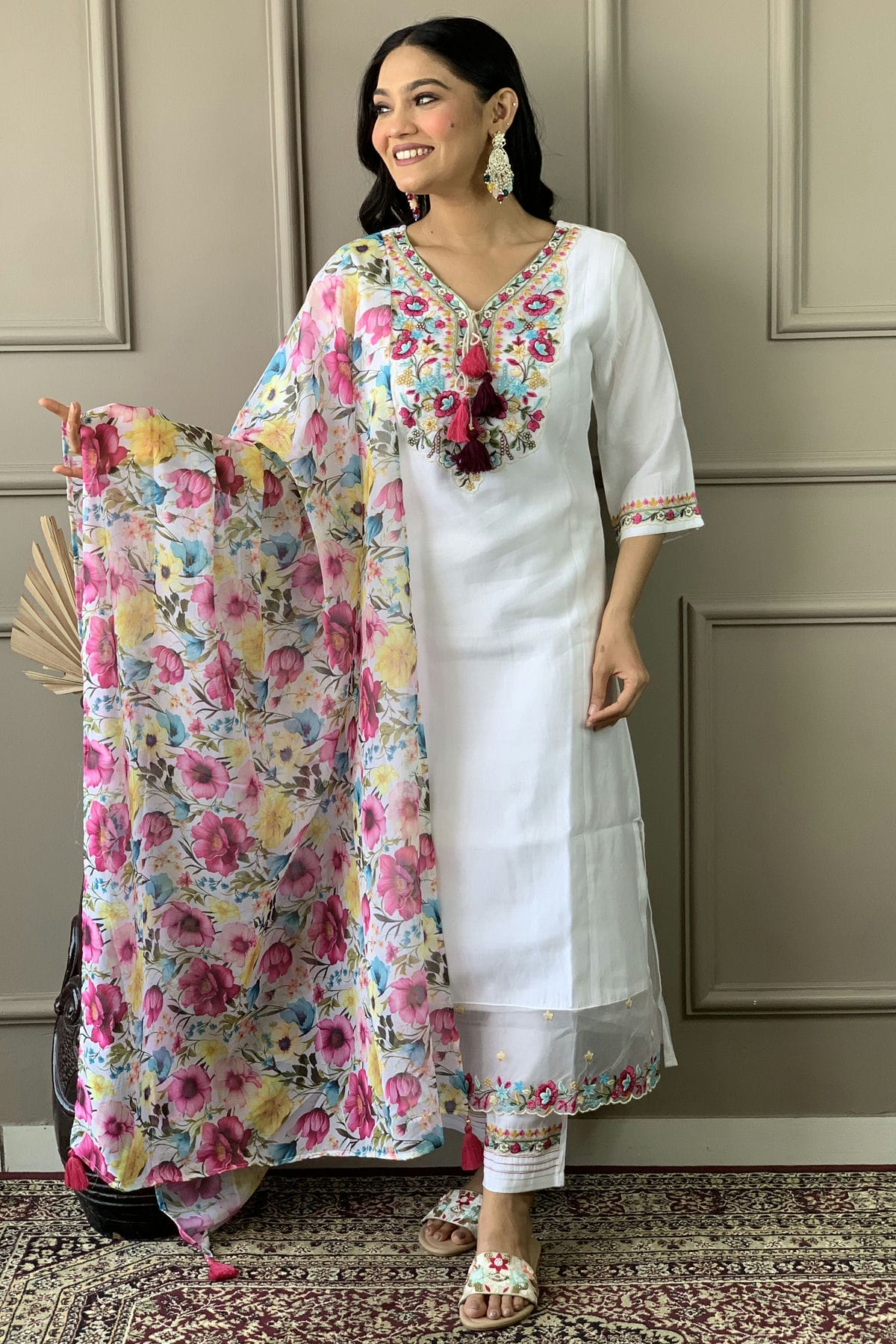 White Colour Chanderi Stitched Salwar Suit