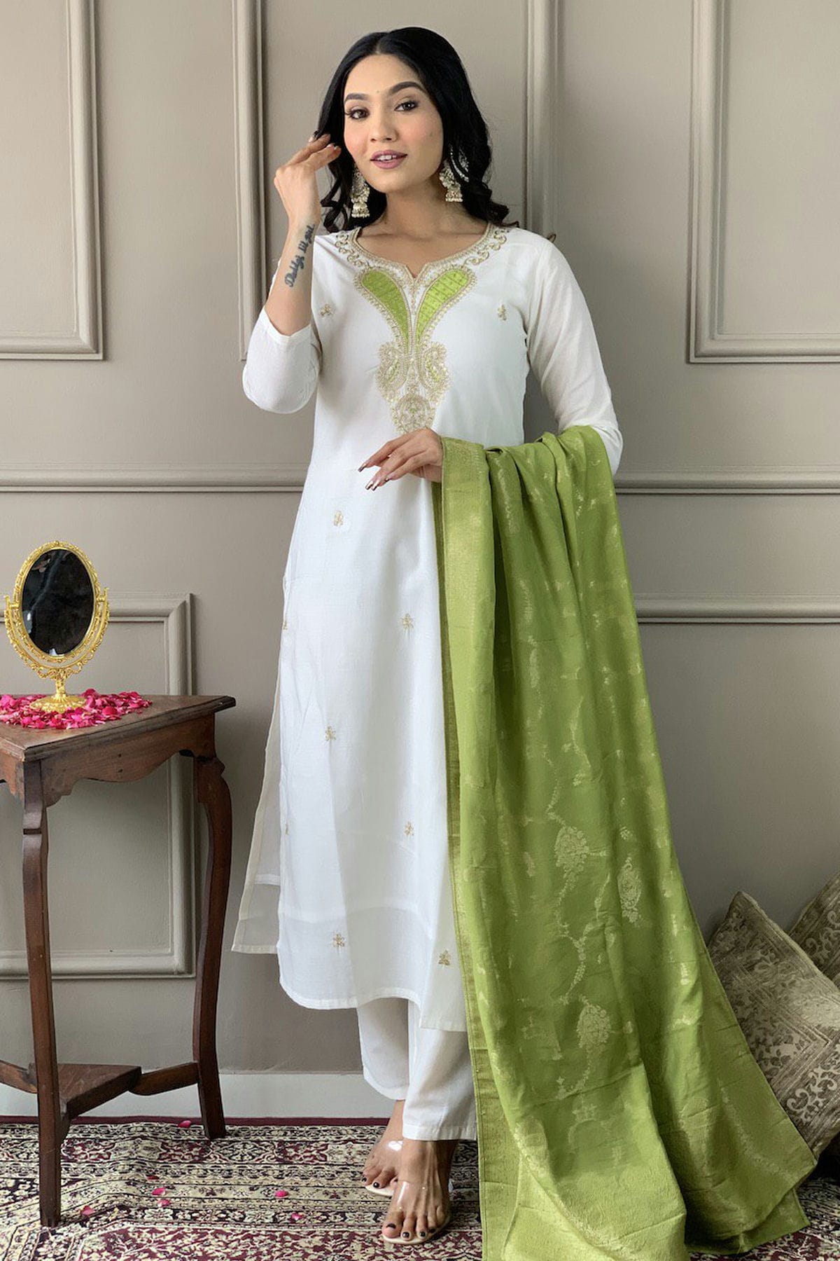 White Colour Chanderi Viscose Stitched Salwar Suit