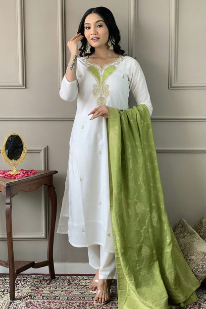 White Colour Chanderi Viscose Stitched Salwar Suit