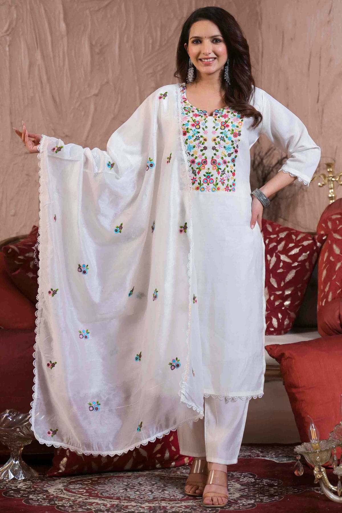 White Colour Chanderi with Cotton Lining Stitched Pant Style Suit VSSS1113894