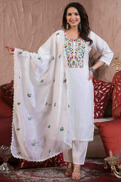 White Colour Chanderi with Cotton Lining Stitched Pant Style Suit VSSS1113894