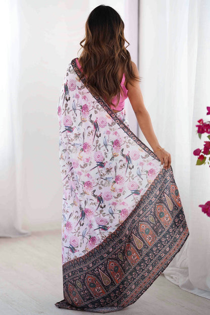 White Colour Chinon Printed Saree VSSD1113834