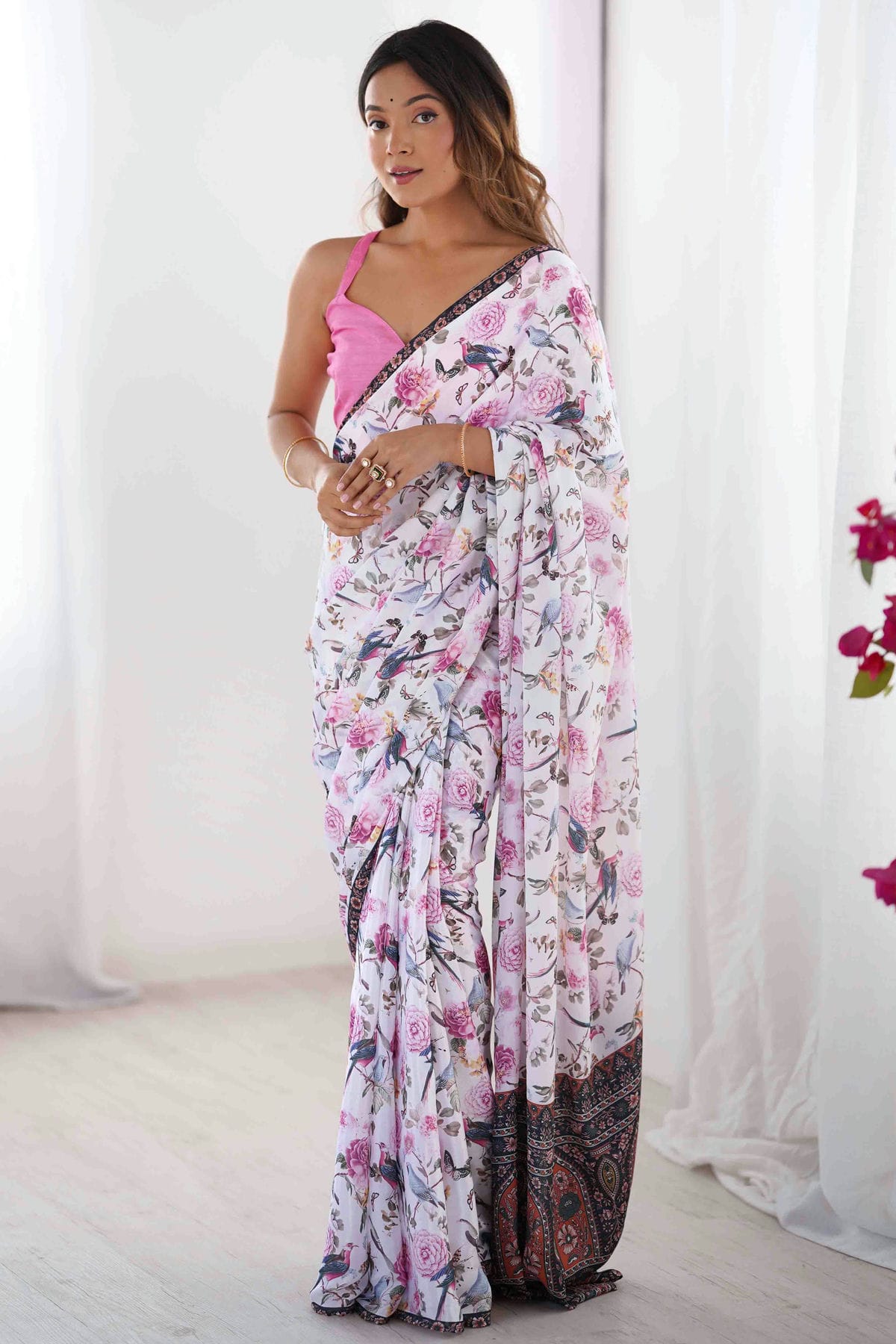 White Colour Chinon Printed Saree VSSD1113834