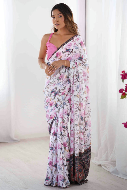 White Colour Chinon Printed Saree VSSD1113834